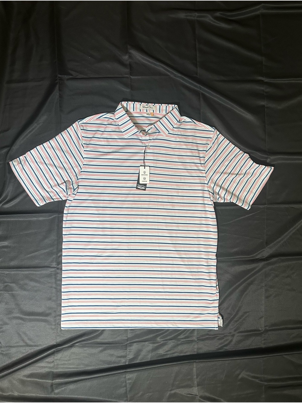 NWT Men's Striped Short-Sleeve Polo Shirt - White with Blue & Coral Stripes